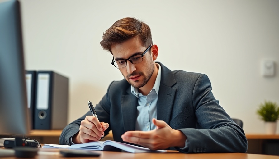 Person writing notes at a desk with papers and binders.