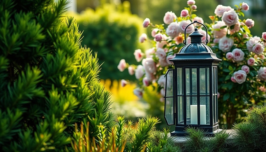 Winter gardening scene with a lantern and greenery