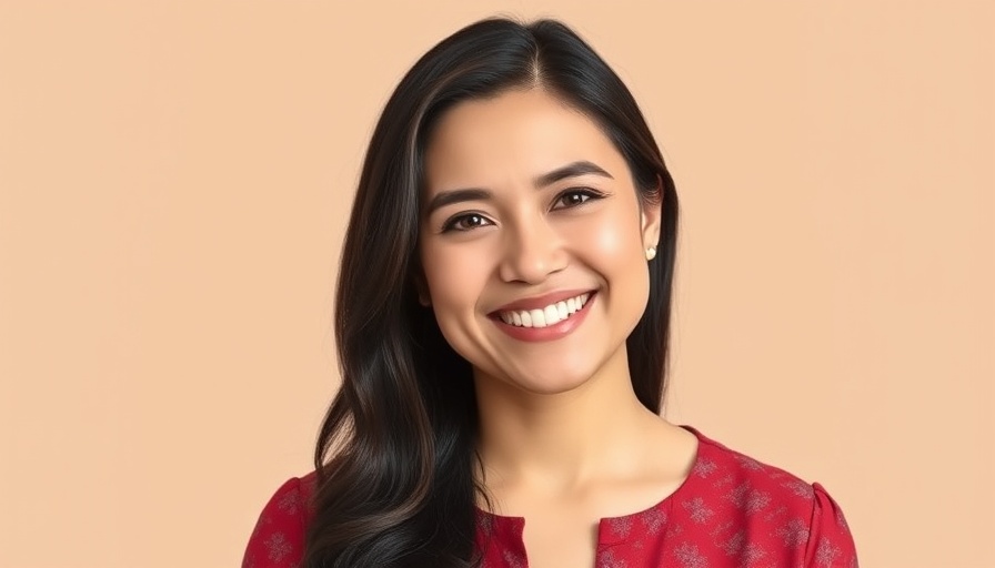 Portrait of smiling woman with dark hair in red blouse.