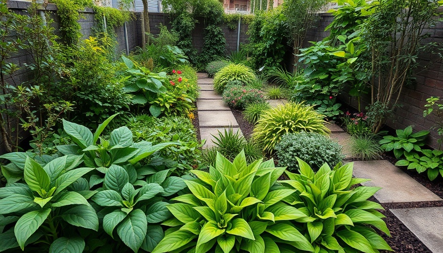 Arizona backyard garden with lush plants and pathways, vibrant greenery.