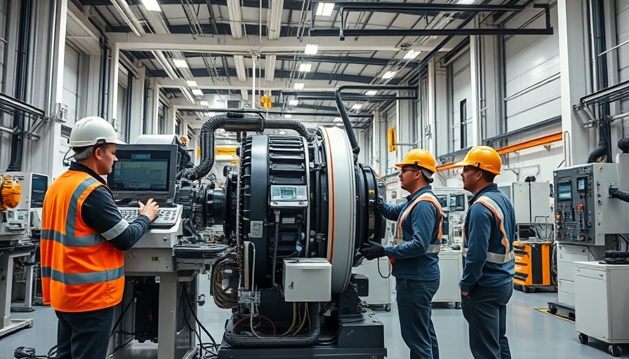 Engineers in lab examining nuclear fusion equipment in industrial setting