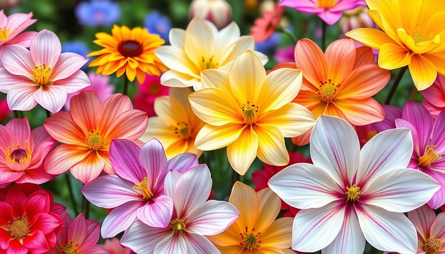 Collage of vibrant February garden flowers.