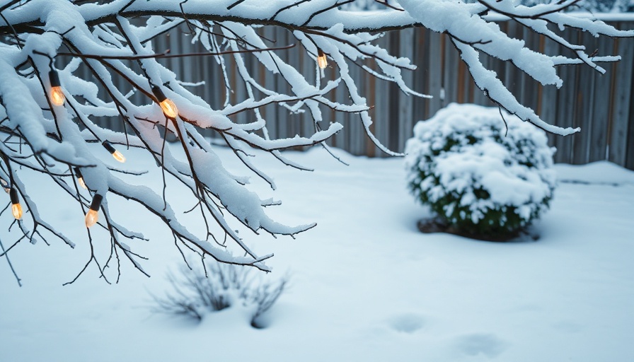 Winter backyard with snow-laden branches and garden lights.