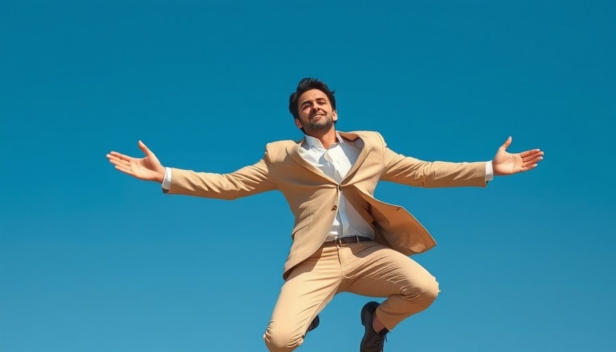 Confident man jumping in the sky, expressing risk tolerance.