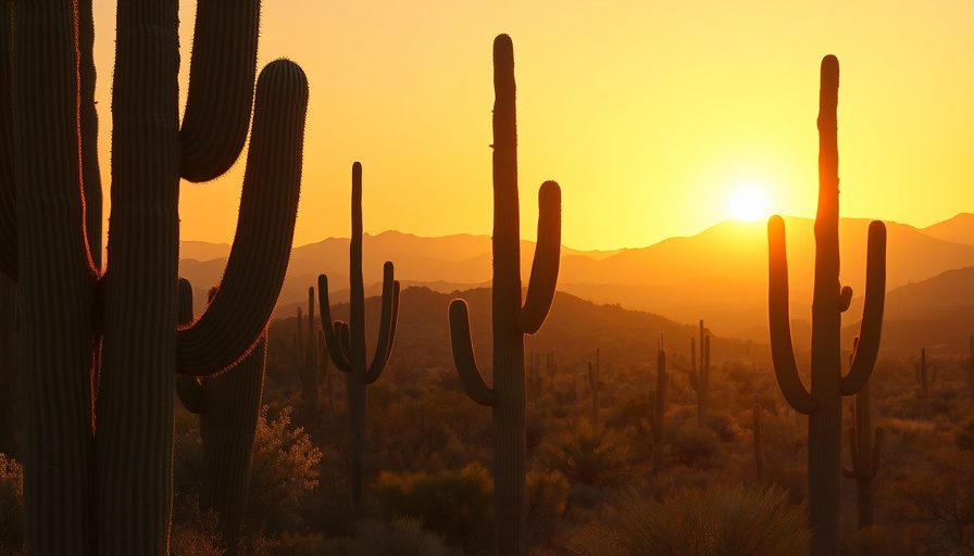 Golden sunset over desert with Saguaro cactus shadows.