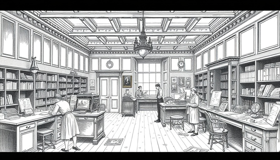 Historic office illustration depicting 19th-century workplace, black and white.