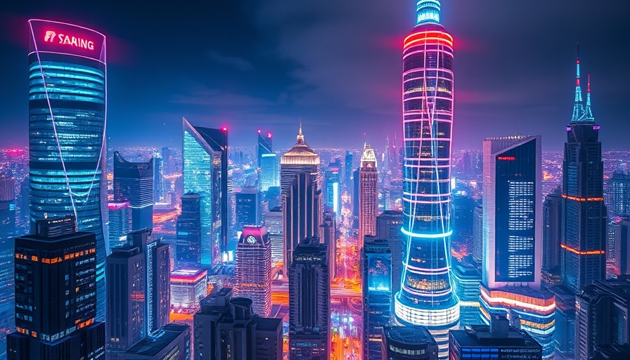 Digital overlay on vibrant futuristic cityscape at night.