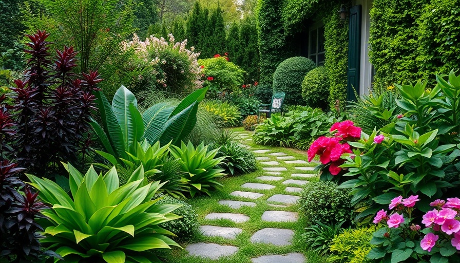 Lush front yard garden with vibrant foliage and stone pathway.