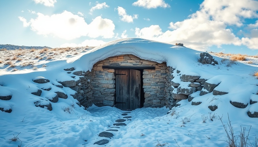 Rustic stone root cellar nestled in snow, bright blue sky