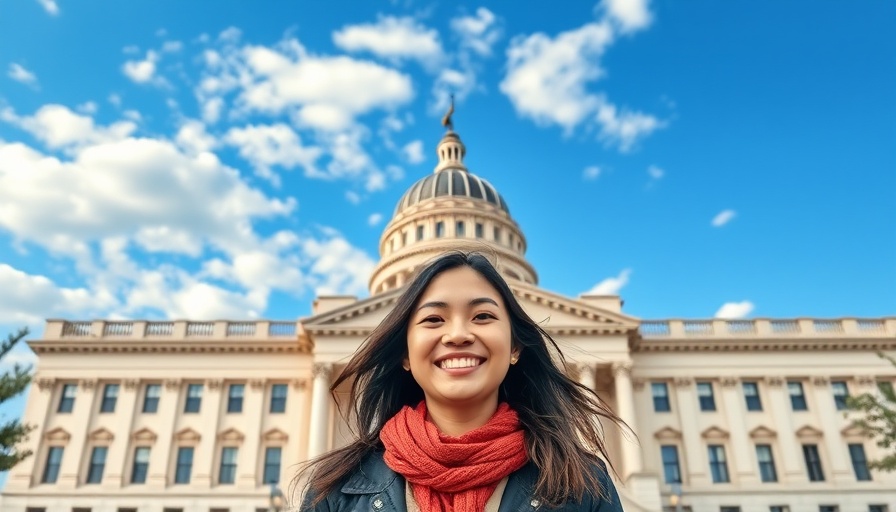 Young woman smiling in front of government building, AI Energy Score.