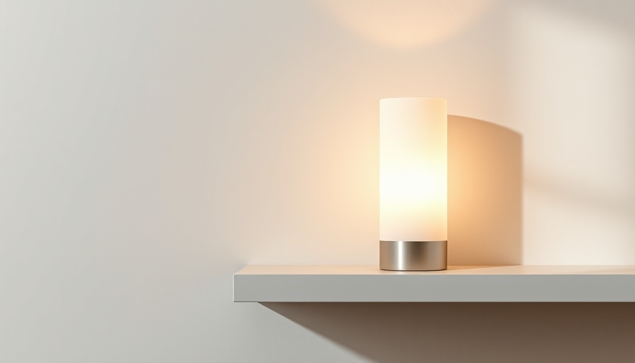 Modern cylindrical cordless lighting softly illuminating a shelf.