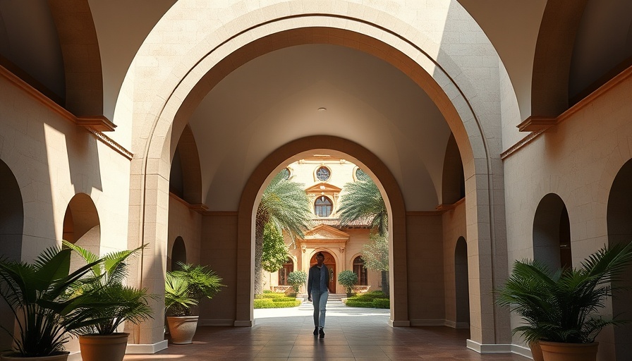 Modern architectural arch at Qatar Pavilion with person walking.