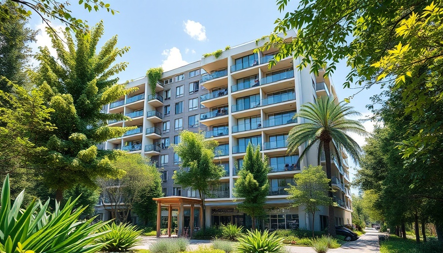 Modern real estate building with lush greenery.