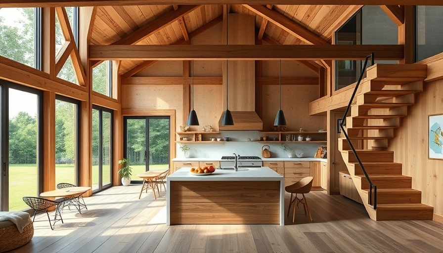 Modern rustic kitchen in a stylish barn conversion with wooden stairs.