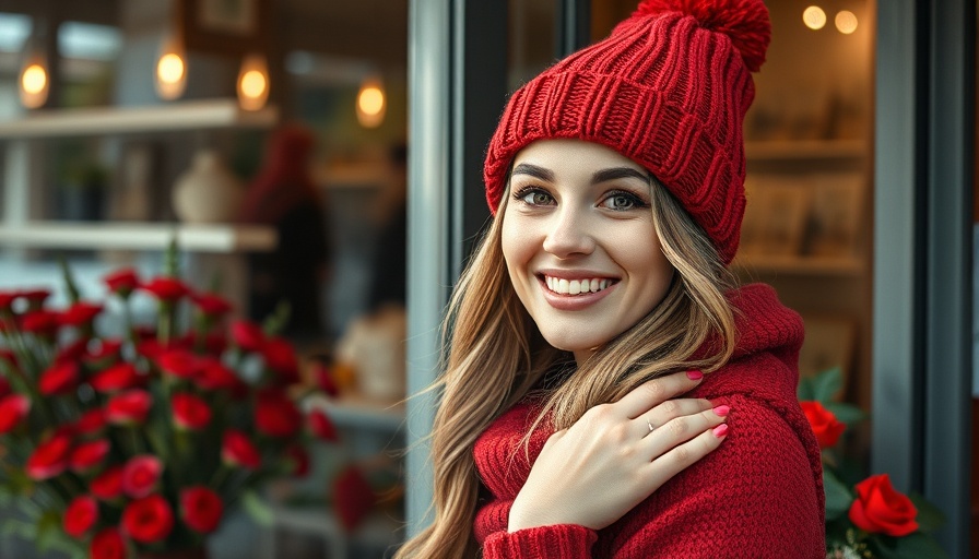 Woman in red hat posing outside flower shop by Alice Saunders.