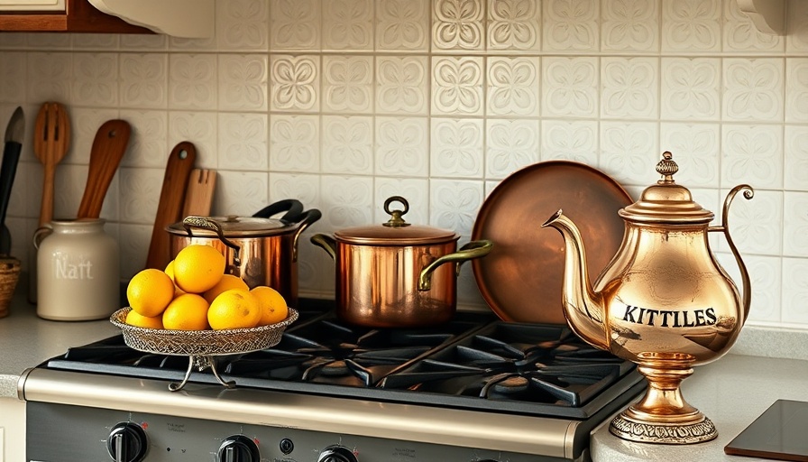 French country kitchen with copper pots and lemons on stove.