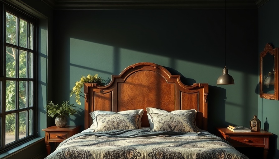 Vintage dark green bedroom with cozy ambiance and lush view.