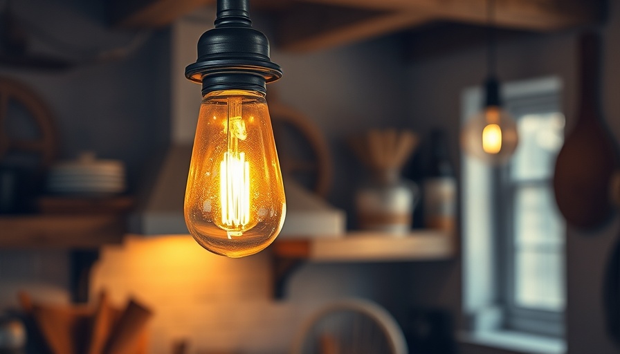 Vintage amber glass shade pendant light illuminating kitchen.