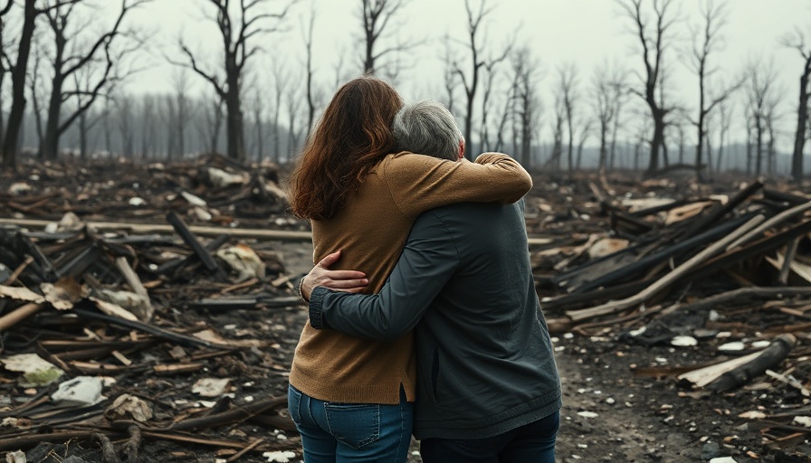 Two individuals embracing in a natural disaster recovery scene, surrounded by debris.