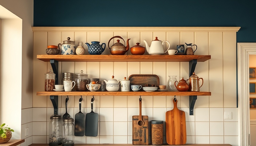 Rustic kitchen shelf on cream wall with various decorative items.