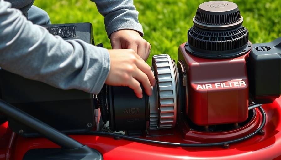 Close-up of lawn mower maintenance with air filter adjustment.