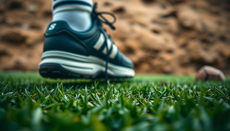 Close-up of shoe on artificial turf with dynamic lighting.