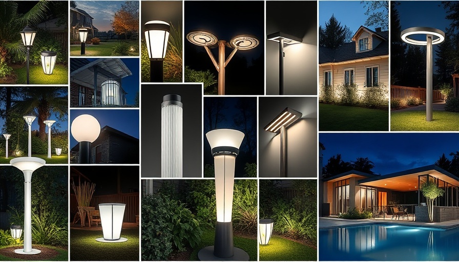 Collage of modern landscape lighting solutions with LED and outdoor lamps.