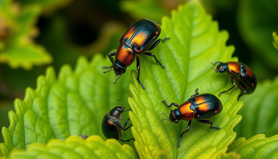 Landscape pests beetles on green leaves, close-up shot.