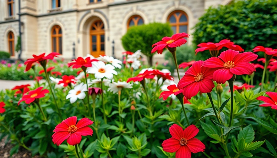 Vibrant annual flowers bloom in front of historical building.