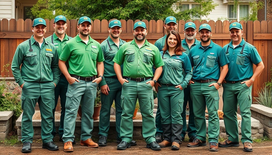 Landscaping company team posing outdoors in green uniforms.