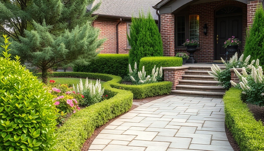 Elegant stone walkway with lush greenery leading to a brick house