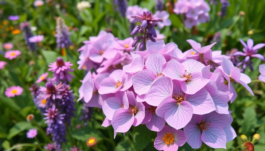 Vibrant pollinator garden with hydrangeas and wildflowers in bloom.