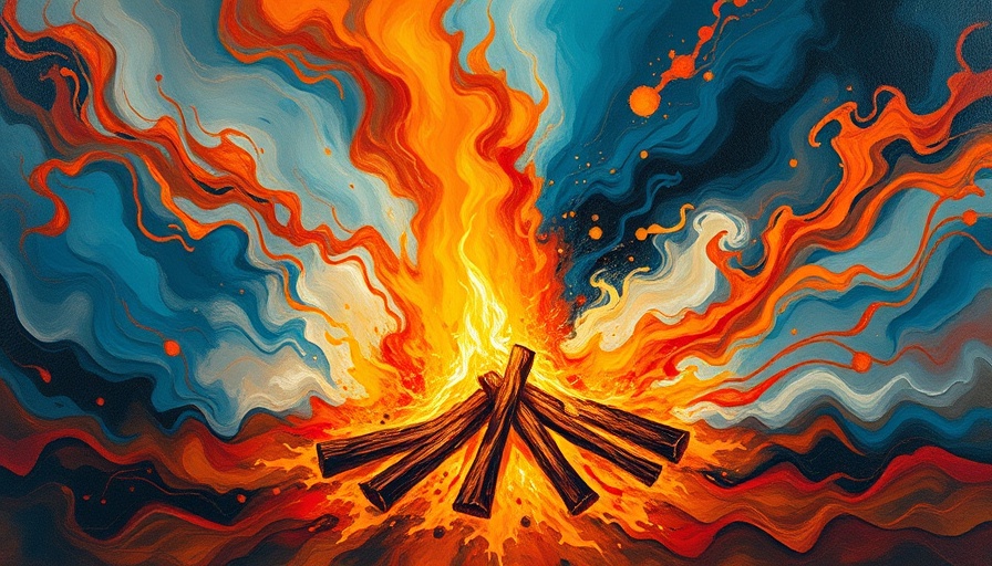 Abstract vibrant bonfire painting, swirling background