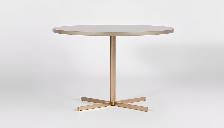 Elegant minimalist round table with metallic legs on white background.