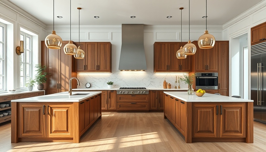 Modern kitchen with elegant double kitchen islands and lighting.