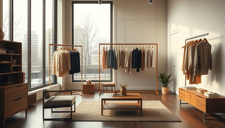 Minimalist studio interior with clothing racks and wooden table.