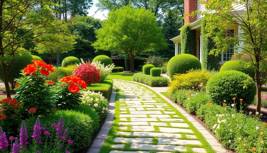 Vibrant garden pathway, landscape maintenance, blooming flowers.