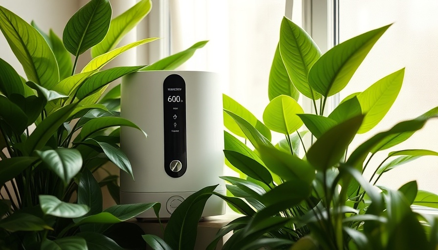 Modern white humidifier by window, 60% humidity level displayed, with greenery.