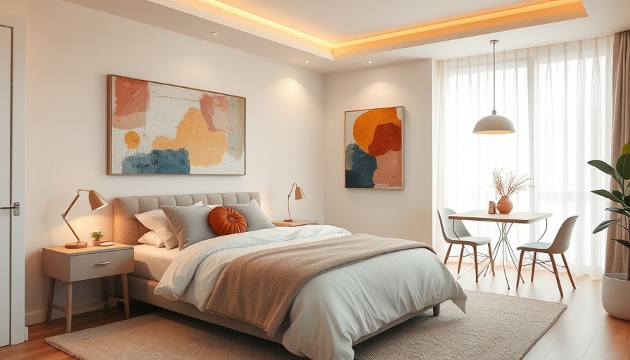 Warm modern interior design with cozy bedroom and dining space.