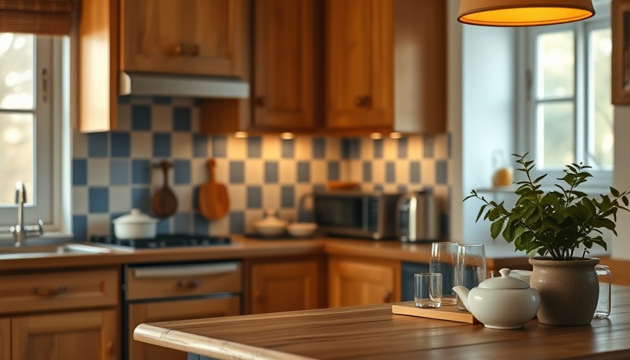 Cozy AI kitchen design with wooden cabinets and checkered backsplash