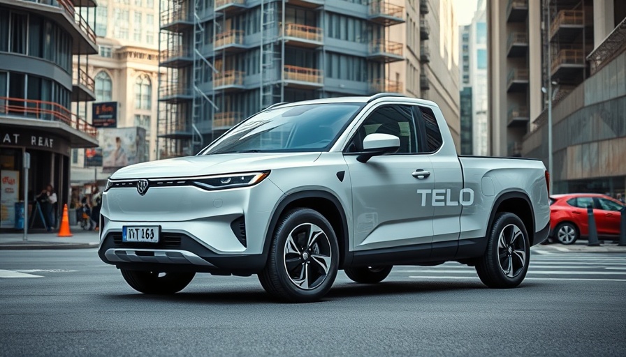 TELO MT1 Electric Pickup Truck parked on urban street with scaffolding.