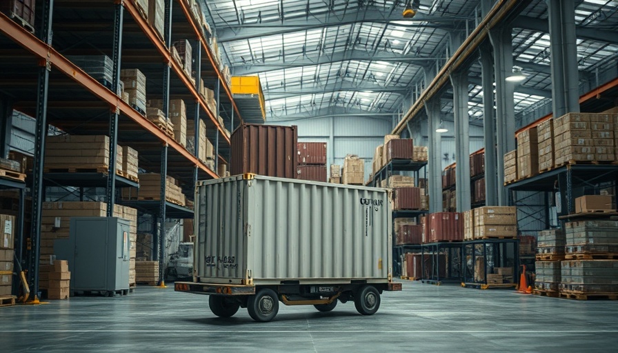 Industrial warehouse scene with containers on cart.