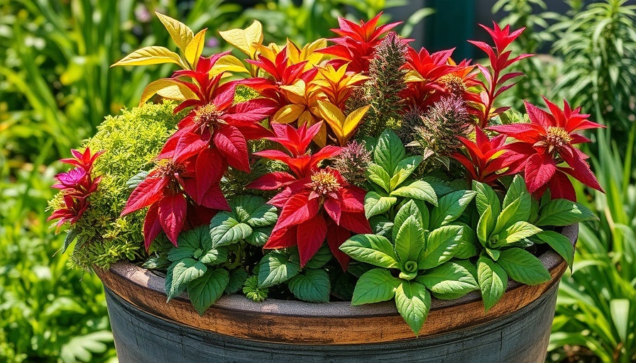 Vibrant plants in a pot in a Rhode Island home garden.