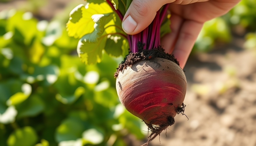 Freshly harvested beet in lush garden setting, vibrant colors.