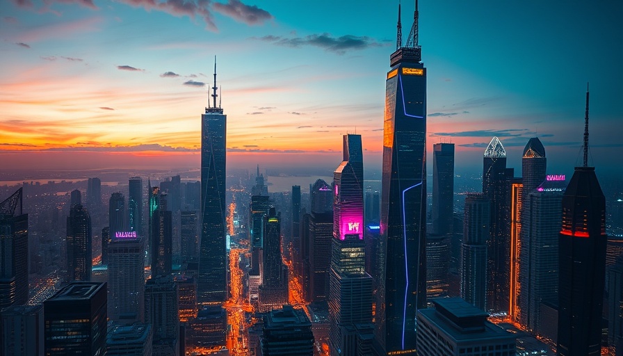 Futuristic cityscape with digital overlays at dusk.