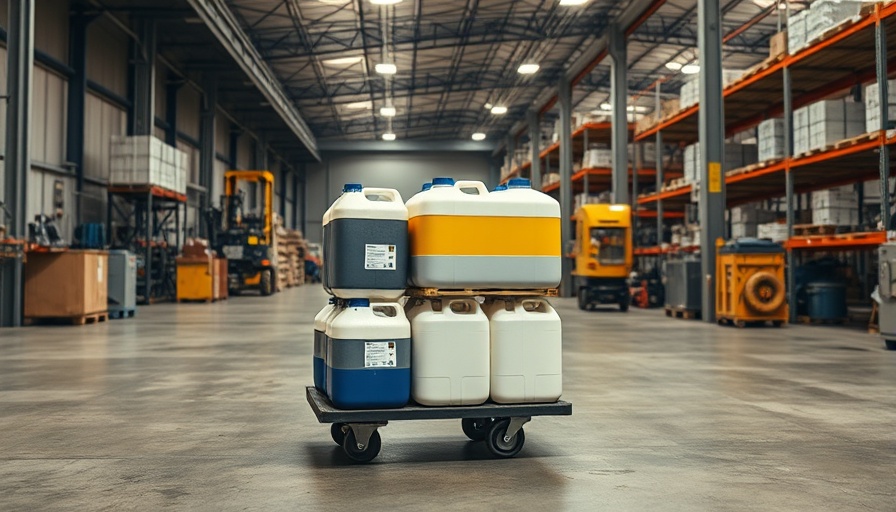 Industrial chemical storage in a warehouse for Lawncology 2025.