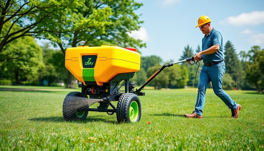 Z-Spray Max Spreader Sprayer in action on a green lawn, operated by a worker.