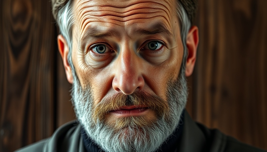 Cultural Narrative Art and Storytelling: Thoughtful man with beard, wooden backdrop.