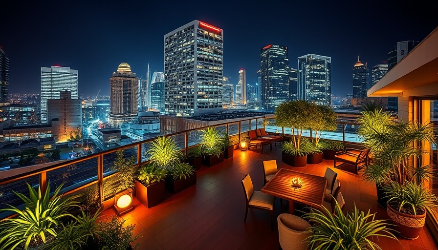 Urban rooftop garden planning with nighttime city view.