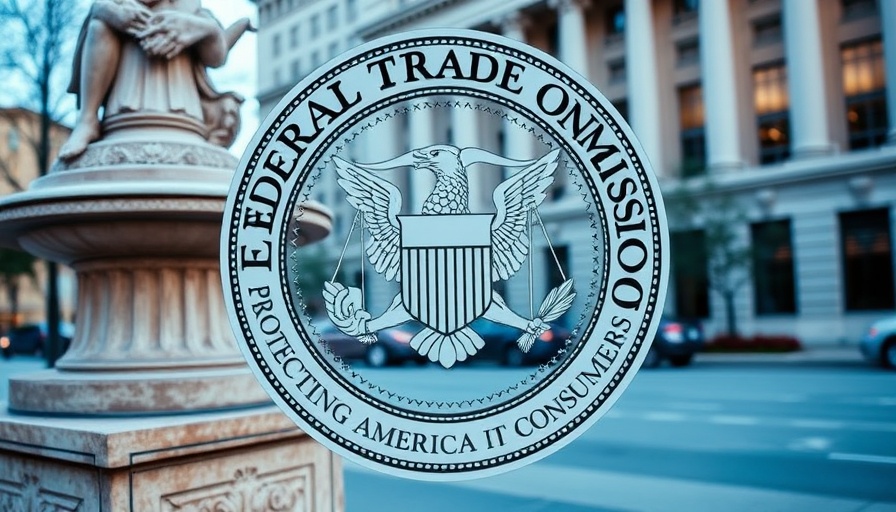 FTC new policy seal overlay on urban sculpture background.